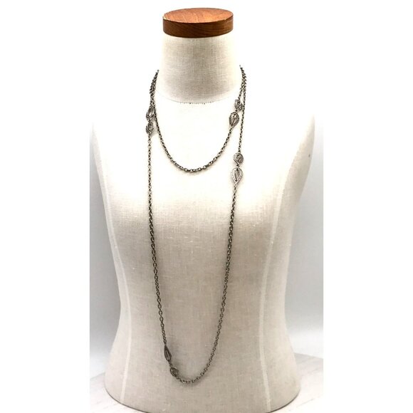 Vintage Silver-Tone Long Layered Necklace With Decorative Openwork Teardrop & Ov - Picture 1 of 5